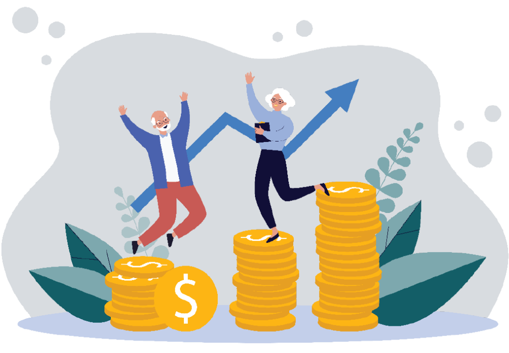 Two people with gray hair dance atop a stack of coins